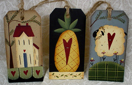 Folk Art Hang Tags ~ Saltbox, Pineapple, & Sheep