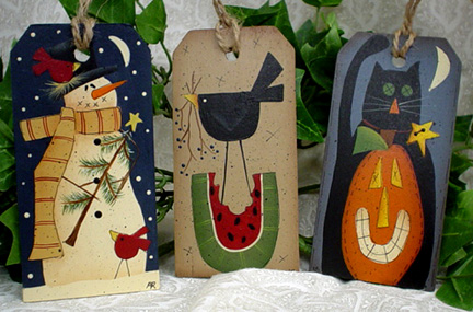 Folk Art Hang Tags ~ Snowman, Summer, & Halloween