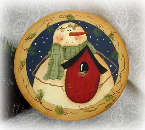 Snowman and Birdhouse on a Round Paper Mach&eacute; Box