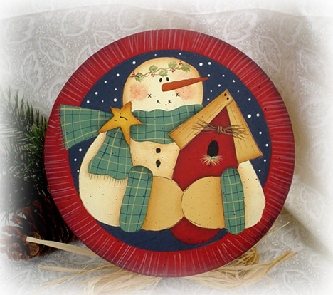 Snowman and Birdhouse on a Round Paper Mach&eacute; Box