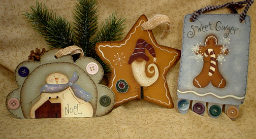 Prim Ornaments ~ Ginger, Snowman, & Santa